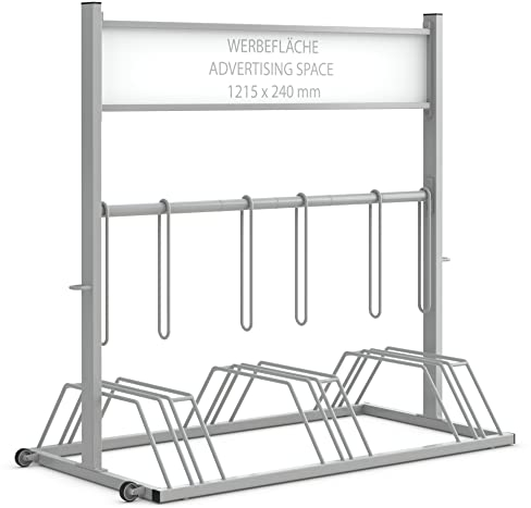 Werbefahrradständer Security Station | Fahrradständer für 6 Fahrräder mit Werbefläche 1215x240mm | lackiert RAL 9006 Weißaluminium | Fahrradparker Bodenparker Mehrfachständer Bügelparker | Dreifke®