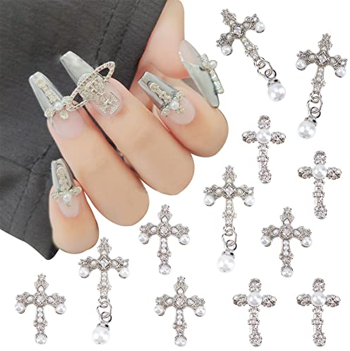 NICENEEDED 12Pcs Cross Nail Art Charms Kit, 3D Big Nail Jewelry with Pearl for Nail Decorations, Antique Style Mixed Size Nail Rhinestones Set for Women Girls Nail Art Design(Silver)
