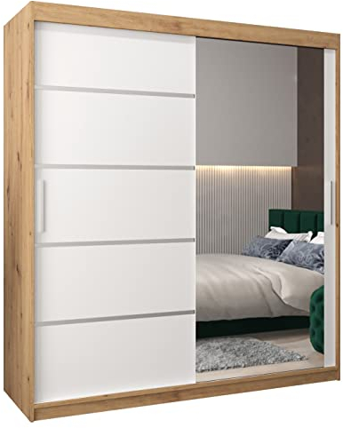 MEBLE KRYSPOL Kleiderschrank mit Spiegel Verona 2 - Garderobenschrank - Schrank Schlafzimmer - Mehrzweckschrank Zwei Schiebetüren - Regalen - Flur Möbel - Kleiderstange Schrank - Allzweckschrank