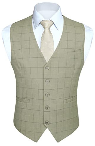 HISDERN Gilets Hommes Mariage Costume Gilet Sans Manche Business Formel Carreaux Classique Champagne XL