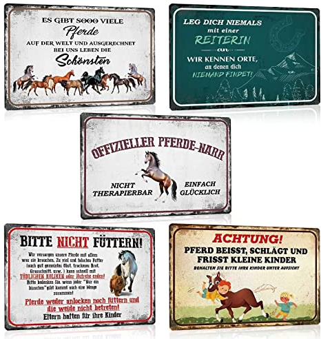 ESFIVHO 5er Set Vintage Pferde Blechschild - Pferd Warnschild Sprüche - Retro Boxenschild Pferdeschild Weideschild - Schild Geschenke für Pferdeliebhaber und Reiter 20x30cm