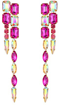 Pendientes de Mujer-Clearine Mujeres Impresionante Rhinestone Cristal Marquesa Rectángulo Esmeralda Corte Geométrico Largo Araña Gota Declaración Pendientes,Color Fucsia Oro-Tono