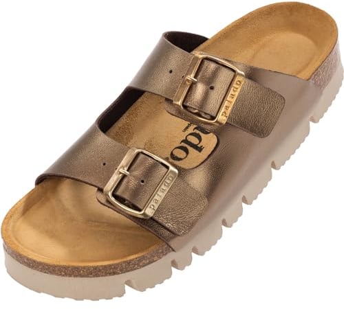 Palado Pantoletten Damen Korfu PL Metallic - bequeme Sandalen Made in Spain - Hausschuhe mit Kork-Fußbett - modische Sommerschuhe Bronze UK4,5 - EU37