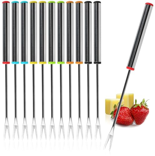 COM-FOUR® 12x Fourchettes à fondue en inox (18 cm) – Pour fondues au fromage & chocolat – Ustensiles lavables au lave-vaisselle avec manche en acier & embout coloré (12 pièces - colorées)
