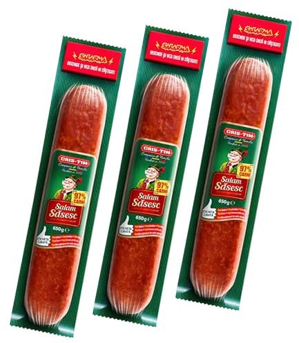 CRIS-Tim Salam Sasesc 650g Sausage| Romanian Boiled and Smoked Pork and Beef Meat | Durable and Long-Maturing Sausage | Addition of Finely Chopped Bacon and Spices (Sasesc 650g, 3 Pack)
