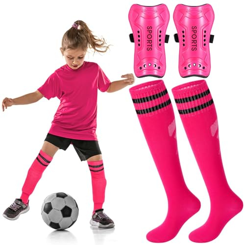 Syhood Soccer Shin Guards and Socks for Toddler Kids Youth, Lightweight Soccer Shin Pads Protective Defender Gear for 3-5, 5-10, 10-15 Years Old Children Teen Boys Girls Sports Game(M Size,Pink)