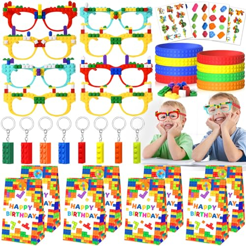 G.C Bausteine Mitgebsel Kindergeburtstag mit Bausteine Party Brillen Schlüsselanhänger Silikon Armband Mitgebsel Tüten Give Aways Kindergeburtstag Pinata Füllung für Junge Mädchen