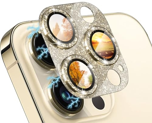 WoPail Glitzer Kameraschutz für iPhone 14 Pro/iPhone 14 Pro Max, Kamera Schutzfolie Glas 9H Härte Anti-Kratz Bling Pulver Diamant Camera Glas für iPhone 14 Pro/iPhone 14 Pro Max - Gold