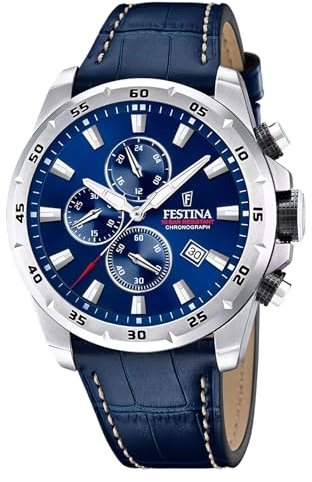 Montre FESTINA pour Homme F20692/2 Timeless Chronograph Boîtier en Acier Inoxydable Gris Bracelet en Cuir Bleu