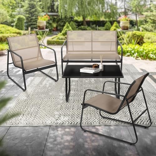 ML-Design Juego de Muebles de Jardin 4 Piezas de Acero y Textilene Color Topo Asientos para 4 Personas con Mesa de Cristal, Sofá y 2 Sillones Resistentes a la Intemperie Conjunto para Exterior