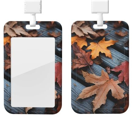 Porte-badge en bois imprimé feuilles d'automne avec lanière pour infirmière, médecin, bureau, nom de bureau, poche pour carte de crédit