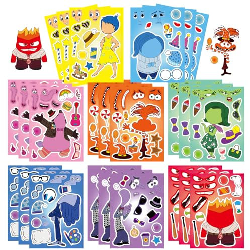 JCQAYB 24 fogli di adesivi fai da te con scritta Make a Face Inside Out per bambini, simpatici adesivi a forma di anime, regalo di compleanno, bomboniere, premi, artigianato artistico, scuola