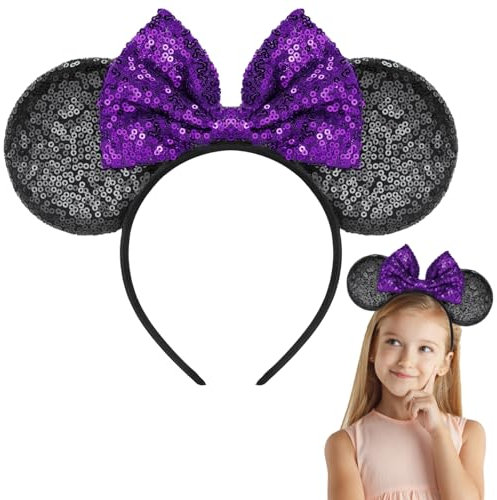 CHEERYMAGIC Mouse Ears Bow Headbands Purple Minnie Ears Headband Sparkle Sequin Mouse Ear Glitter Party Decoration Halloween Cosplay Costume for Women Girls A9MQFG (Purple)