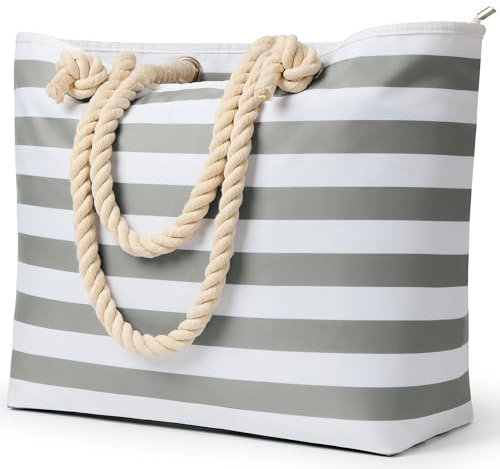 KALIDI Große Strandtasche mit Reißverschluss Wasserdicht Badetasche Strandtasche XXL Familie Beach Tote Bag mit Reißverschluss Große Shopper Damen Sporttasche Schultertasche, Streifen Grau
