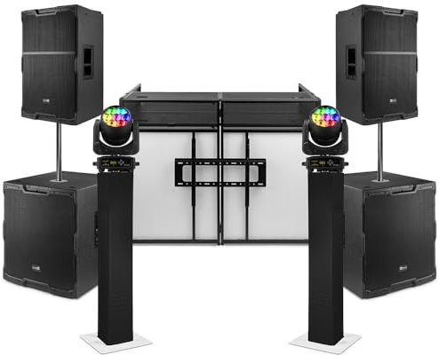 Power Dynamics Mobile DJ Setup with 15 Active Speakers, 18 Subwoofers, DJ Booth with TV Mount, RGBW Moving Head Lights, Speaker Poles & Cables, DJ PA System Package for Events
