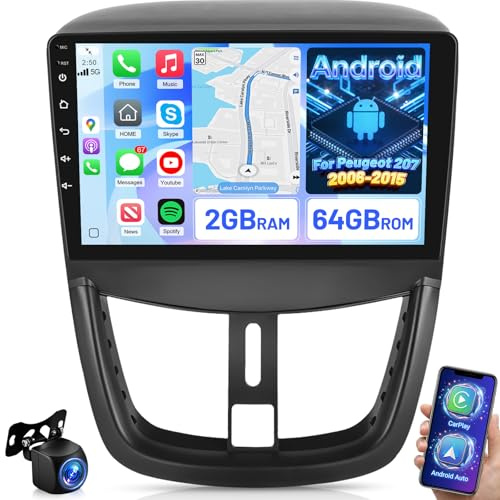 [2+64GB] Android Autoradio für Peugeot 207 2006-2015, 9 Zoll Touchscreen Autoradio mit wirelss CarPlay & Android Auto, WiFi, GPS, FM RDS Radio, Rückfahrkamera