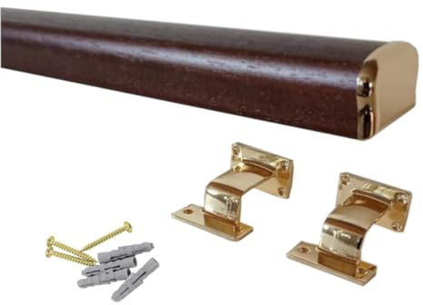 Corrimano per scale in legno sagomato, colore noce scuro, Kit compreso di supporto e terminale ottonato, varie misure (Noce scuro 2mt)