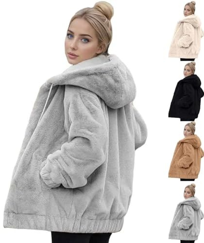 Fleece Jacket Women Full Zip Up Fuzzy Teddy Trench Coat Ladies Winter Long Puffer Coats Size 20-22 22/24 Hooded Jackets Lapel Cardigan Hoodies Casual Winter Autumn Warm Outwear with Hood and Pockets