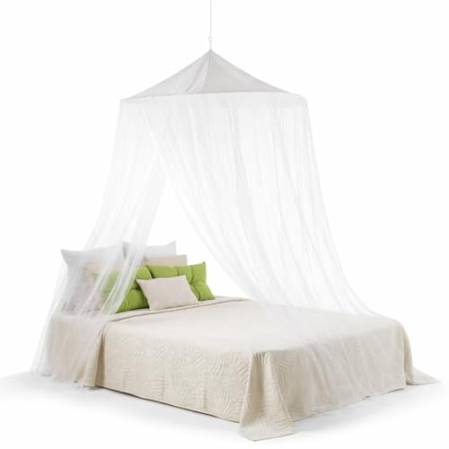 MOSQUITOHOUSE Mosquitera para Cama Doble King Bangla, Piramidal, Corona 150 cm, Blanca, 100% Poliéster, 250 cm de Alto, 960 g