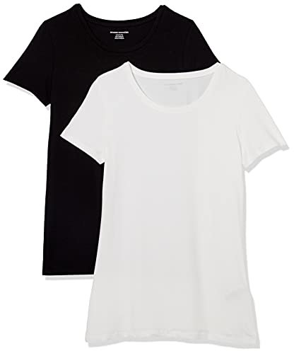Amazon Essentials Camiseta de Manga Corta con Cuello Redondo y Corte Recto Mujer, Pack de 2, Blanco/Negro, M