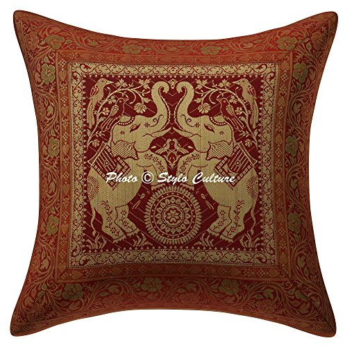 Stylo Culture Bohemio Fundas para Almohadones Decorativos 40x40 cm Brocado De Seda Elefante Fundas Cojines Sofa Granate 16x16 Inch Jacquard Cuadrado Cremallera Fundas Cojines Dormitorio - 1 Pc