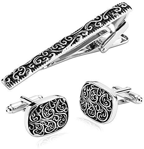 Beydodo Edelstahl Herren Krawattenklammer Manschettenknöpfen Hochzeit Silber Schwarz Retro Blumen Muster Rechteck Manschettenknopf Krawattennadel Männer