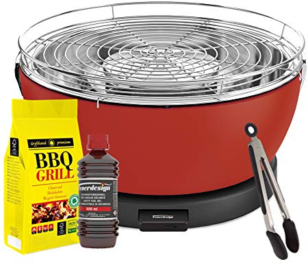 YesEatIs by FEUERDESIGN - VESUVIO Grill RED - Kit with IGNITION GEL + CHARCOAL 3 Kg + Barbecue Tongs