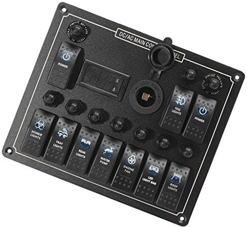 non-brand 10 Gang Wasserdicht Auto Switch Panel Schalttafel Schaltpanel Panel Schalter Wippschalter Digital LED Voltmeter mit Zigarettenanzünder Sockel