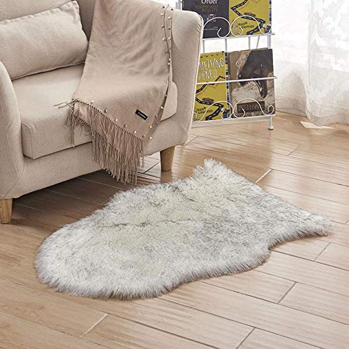 WIONE Faux Lammfell Teppich Shaggy Kunstfell Schaffell Lammfellimitat Teppiche Longhair Fell, Universal für Wohnzimmer Schlafzimmer Kinderzimmer Esszimmer Auto Bettvorleger Sofa Matte Weiß grau spitze