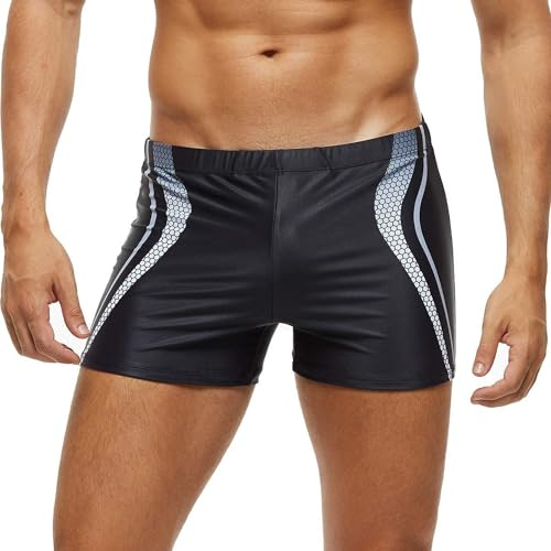 Arcweg Badehose Herren Eng Kurz Badeshorts mit Tunnelzug Elastische Schwimmhose mit herausnehmbarem Pad Wassersport Kurze Hose UV Schutz Schwimmwear Grauer Streifen M(EU