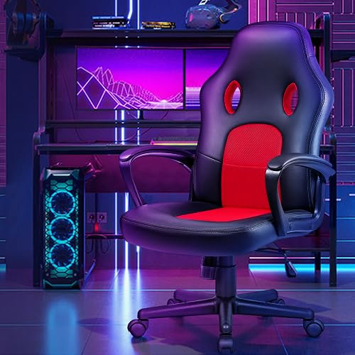 Homall Comfy Gaming Chair, Breathable Computer Chair with Lumbar Support, High Back Office Height Adjustable Reclining Chair, PU Leather Gamer Chair, Study Work (Red)