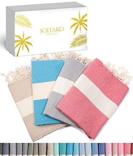 SOLTAKO Strandtuch groß 100x200 4er Set Baumwolle Saunatuch Badetuch Hamamtuch Yoga Decke Pestemal Damen Herren Geschenkset extra groß Koralle/Grau/Cappucino/Aqua,