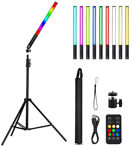 RGB Lichtstab Fotografie, Led Videoleuchte, Volle Farbe Licht, Handlich Leuchtstab, 2500K- 9500K, CRI≥97, TLCL≥97, mit Stativ 9 Farben für Fotografie, TikTok, Vlog, YouTube