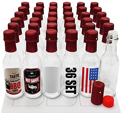 Glass Bottle, Hot Sauce Bottles Woozy bottles Empty 5 Oz 36 sets with Shrink Capsules, Printable bottle labels, mini liquor bottles, Small glass bottles sauce bottle mini wine bottles with lids RED