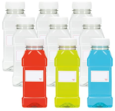 TEC Juice Bottles 250ml Square Plastic with Lids (9) | 30% Recycled UK Made PET Small Clear Tamper Evident Mini Energy Drink Smoothie Bottle Water Party Pack Multipack Bulk Packs