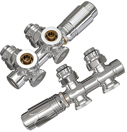 EMKE Multiblock Heizkörper Mittelanschluss, Hahnblock Heizkörper Ventil Eck- und Durchgangsform 50mm, Heizkörperventil mit thermostat für Badheizkörper Chrom (φ16mm * G1/2, 2 Stück)