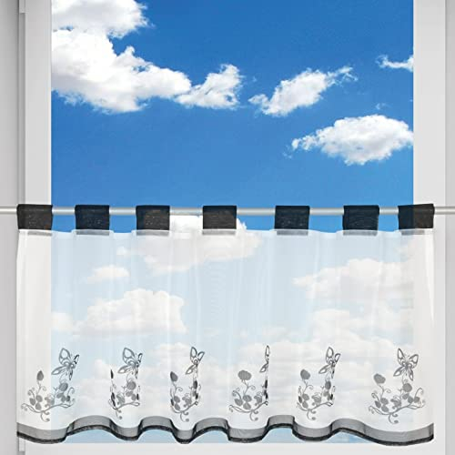 Bistrogardine Angie mit Schlaufenaufhängung (45 x 120 cm), transparente Uni Scheibengardine, dekorativer Vorhang in vielen versch. Farben: Schmetterling Schwarz