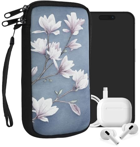 kwmobile Handytasche für Smartphones XL - 6,7/6,8 - Neopren Handy Tasche Hülle Cover Case Schutzhülle - Magnolien Taupe Weiß Blaugrau - 17,2 x 8,4 cm Innenmaße