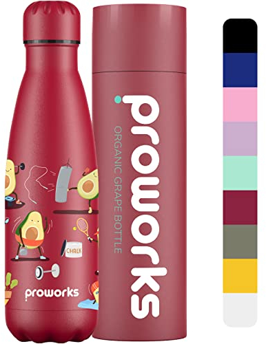 Proworks Edelstahl Trinkflasche | 24 Std. Kalt und 12 Std. Heiß - Vakuum Wasserflasche - Isolierflasche für Sport, Laufen, Fahrrad, Yoga und Camping - 1 Liter - Bio-Traube - Avocardio