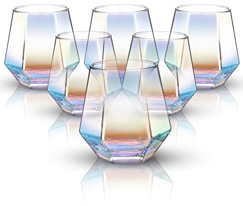 NiHome Juego de 6 copas de vino sin tallo de diamante iridiscente de 10 onzas, vasos de cristal coloridos únicos para vino tinto y blanco, cócteles, whisky, regalo para mujeres y hombres
