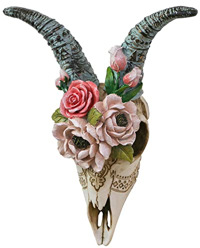 alikiki Animal Ram Skull Wall Decor - Floral Sheep Horned Head Skull Wall Hanging Resin Goat Wall Sculptures Taxidermy for Home Office Hotel Wall Art Ornament Living Room Boho Decorations