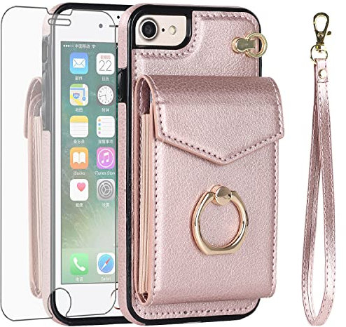 Asuwish Phone Case for iPhone 7/8/SE 2020/2022 Wallet Cover with Screen Protector and RFID Ring Card Holder Cell iPhone7 iPhone8 7s 8s i SE2020 SE2022 2/2nd/3/3rd Generation SE2 SE3 Women Rose Gold