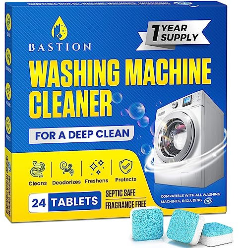 Bastion Washing Machine Cleaner Tablets 24 pack Powerful Descaler -Deep Cleaning for HE Front Loader & Top Load Washer Septic Safe Eco-Friendly Deodorizer Clean Drum & Laundry Tub Seal- Year's Supply