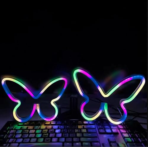 HFHungkeong Schmetterlings-Neonlicht für Wand, Büro, Schlafsaal, Hochzeit, Geburtstag, Party, Raumdekoration, Neon-Schmetterlings-LED-Schild, Weihnachtsdekoration, Beschilderung, 2 Stück (Farbe)