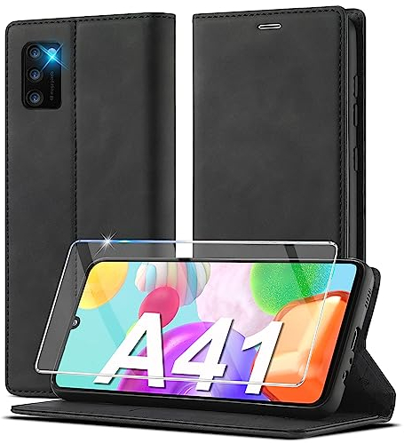 Handyhülle für Samsung Galaxy A41 Hülle Leder [Mit A41 Schutzfolie] für Samsung A41 Hülle Klappbar Leder Flip Wallet Stoßfeste Case Schutzhülle Tasche Klapphülle für Samsung Galaxy A41 Hülle Holster