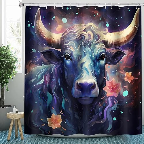 Kuh Rinder Stier Duschvorhang 90x180 Textil für Badezimmer, Polyester-Stoff Duschvorhänge Stier Sternbilder Tier & Zubehör-Set, Anti-Schimmel, Waschbar, Badewannenvorhang für Badewannen mit 12 Haken