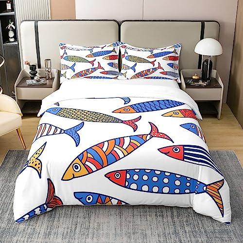 Fische 100% Baumwolle Bettbezug 135x200, Azteken Bettwäsche Traditionelle Tröster Abdeckung für Kinder Teens, Cartoon Meerestiere Bettwäsche, Bunte Fische Quilt Cover Mit 1 Kissenbezug, Weiß