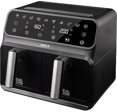 Jocca - Friggitrice ad aria calda digitale doppia 8 L con 2 vasche | friggitrice senza olio | Air Fryer grande capacità, AirFryer antiaderente| 1700 W di potenza | Manico freddo (nero 4L+4L)