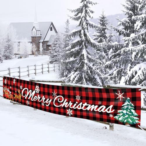 LAPONO Striscioni Natalizi Striscione Porta Natale, Decorazioni Natalizie Banner Buon Natale Appeso Addobbi con Scritta Merry Christmas per Esterno Portico Garage Giardino Feste Recinzione (300x50cm)