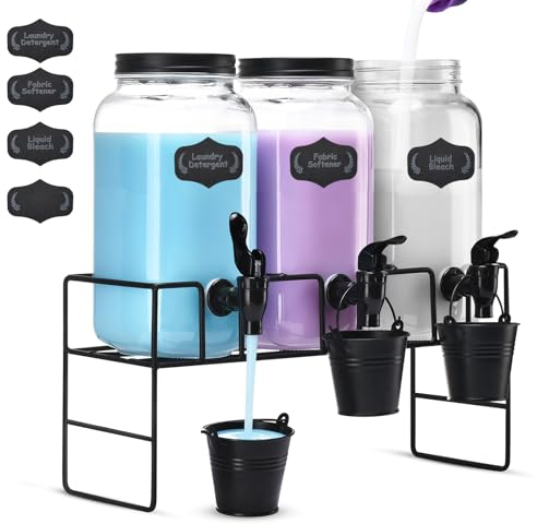 Flüssigwaschmittelspender, 3x 2.2L Waschmittelspender, Glasbehälter für Flüssigwaschmittel, Bleichmittel, Weichspüler, Waschseifenspender für Waschküchen-Organisation